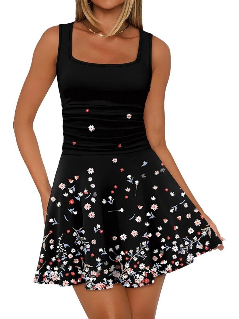 Womens Print Black Square Neck Ruched Waist Fit Flare Pleated Pull On Mini Dress - Picture 3 of 5